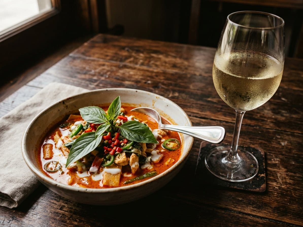 Verre de vin blanc demi-sec servi avec un curry thaï épicé